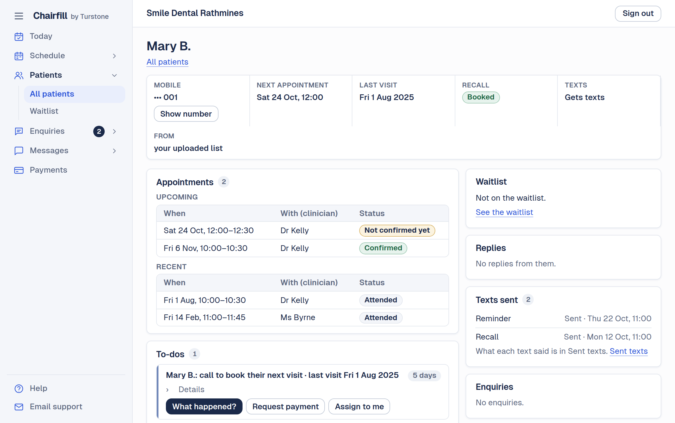 Chairfill's patient profile: the menu on the left, the person's next appointment, last visit and recall status, upcoming and recent appointments, their to-do, and the texts sent to them.