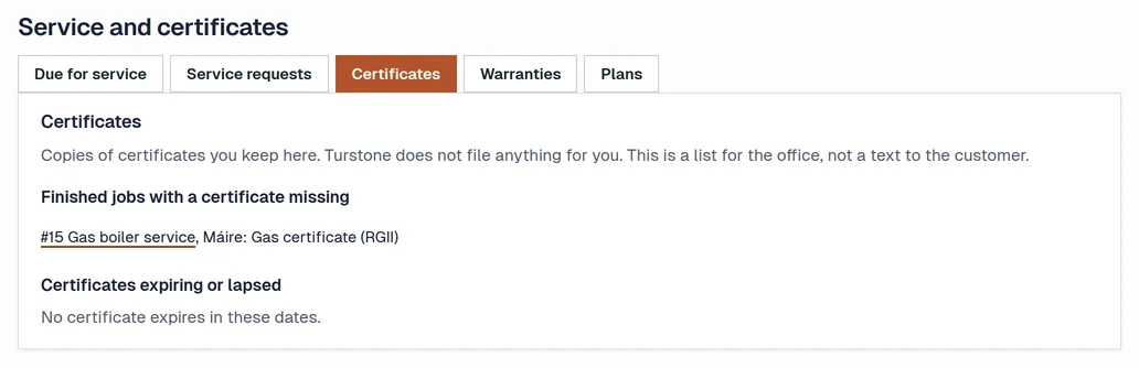 The Certificates tab of the Service and certificates screen for a demo firm, listing a finished gas boiler service job that has no certificate copy and a list of certificates that are about to expire, which is empty.