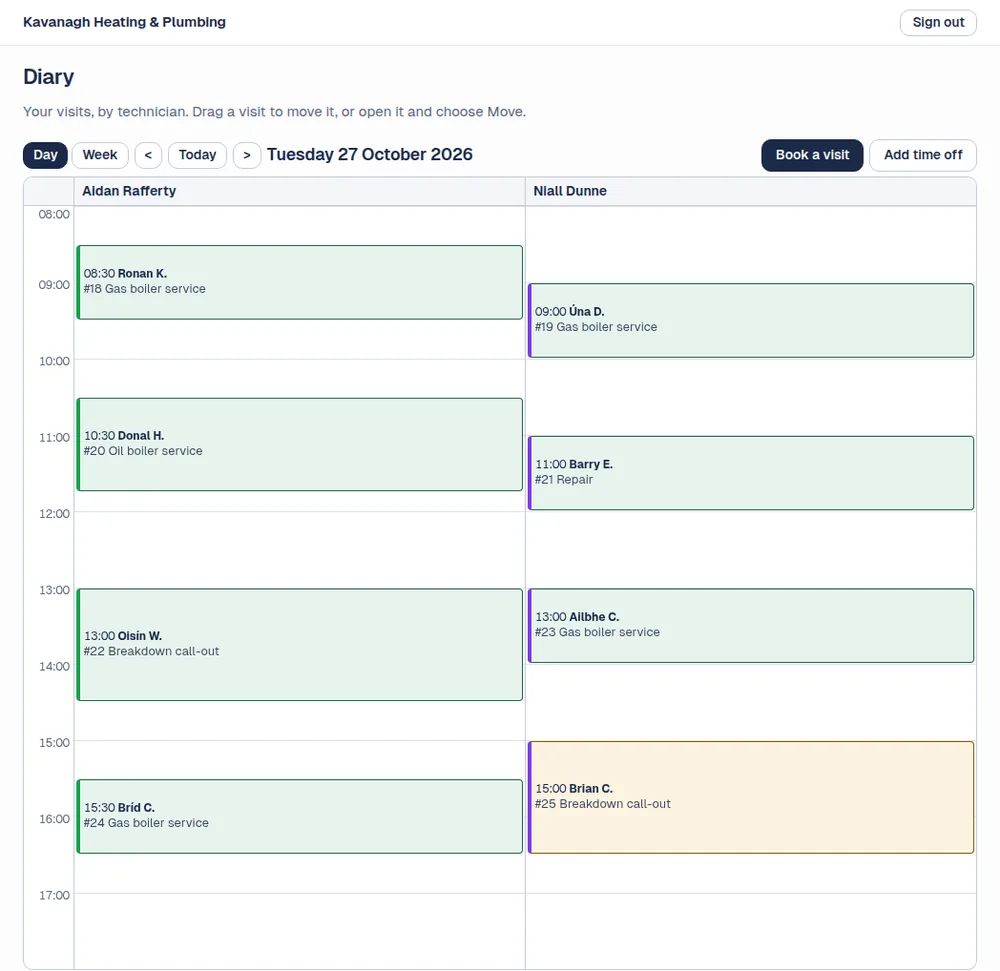 The diary for Tuesday with two technicians in columns and boiler service visits set out through the day.
