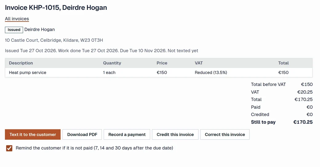 One invoice for a made-up customer of Kavanagh Heating and Plumbing, a demo firm, with the line, VAT, the amount still to pay and buttons to text it, download a PDF or record a payment.