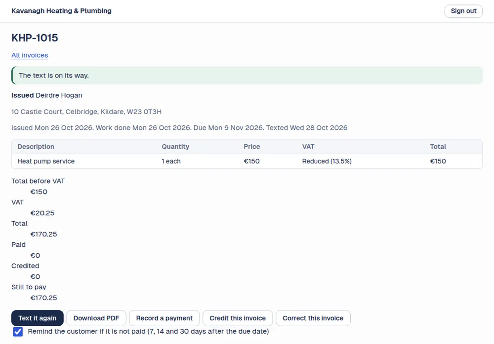 An invoice for a heat pump service with 13.5 percent VAT, a total of 170.25 euro, and buttons to text it again, download the PDF and record a payment.