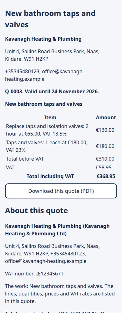 A quote on a customer's phone for new bathroom taps and valves, with the lines, VAT, total of 368.95 euro and a button to download the quote.