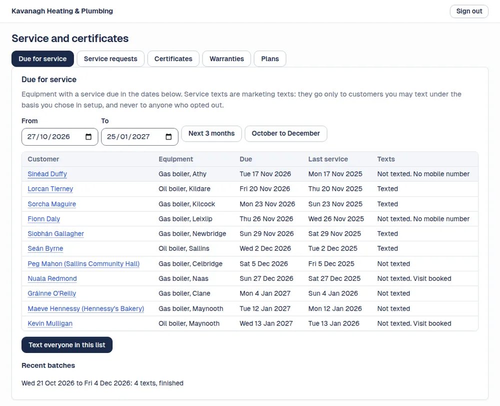 A list of gas and oil boilers due for service over the next three months, with each customer's town, due date and whether they have been texted.