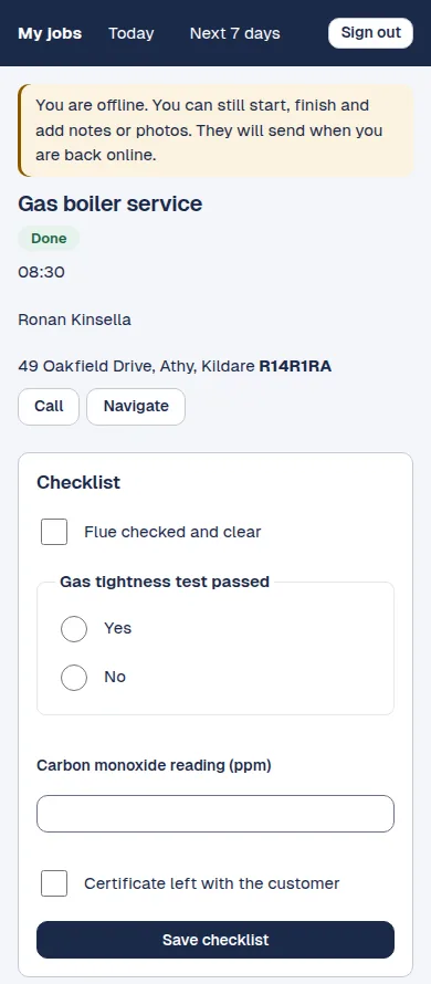 The technician app on a phone showing a gas boiler service, the customer's address and Eircode, and a checklist for flue and gas tightness.